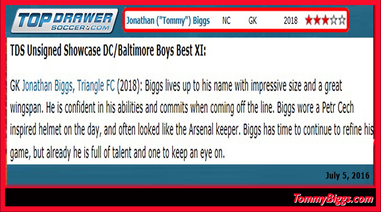TOPDRAWERSOCCER.COM SAYS TOPDRAWERSOCCER.COM SAYS: Tommy Biggs Soccer Goal Keeper